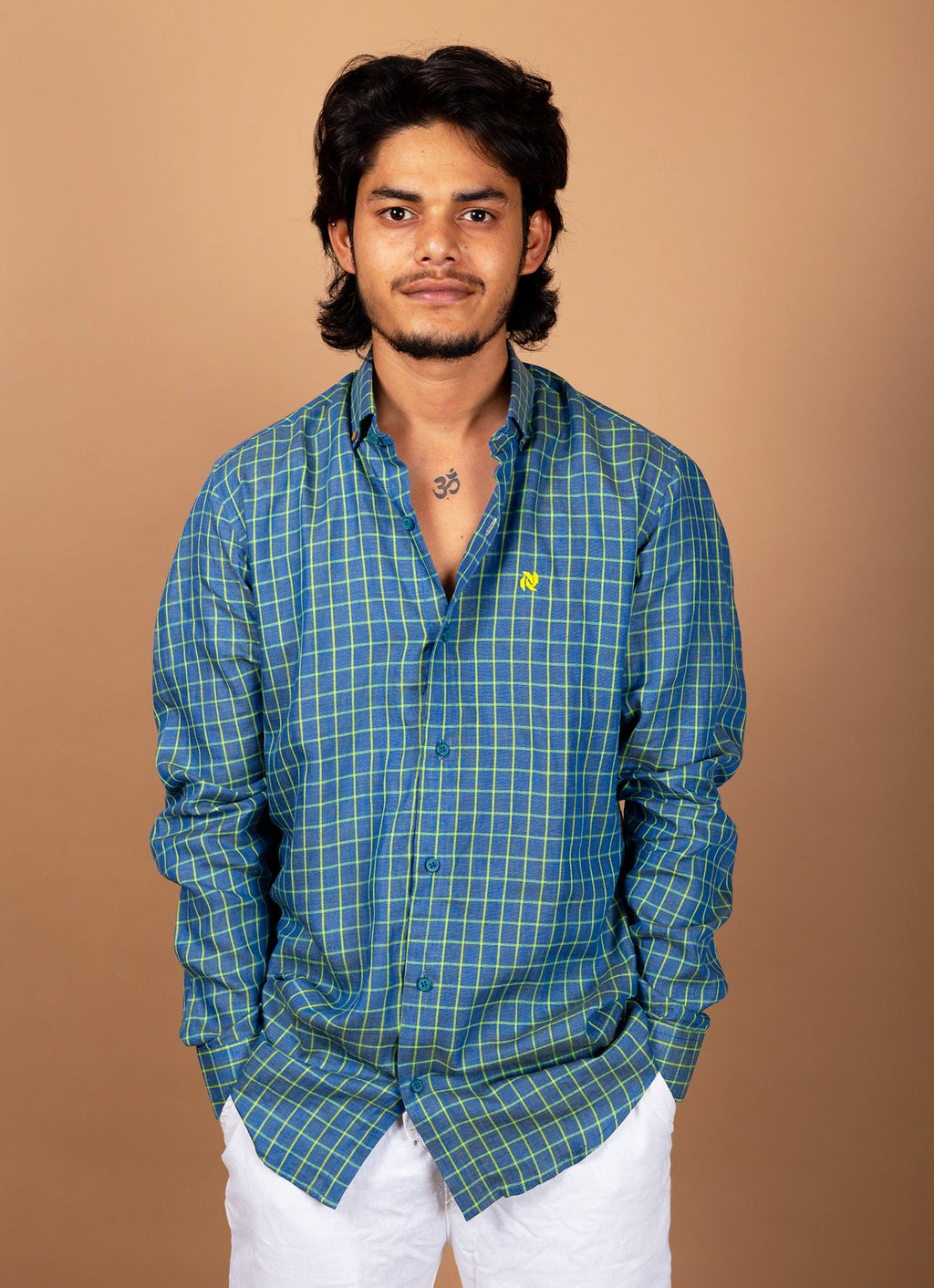 Rama Green Yellow Checkered  Pure Linen Premium Shirt