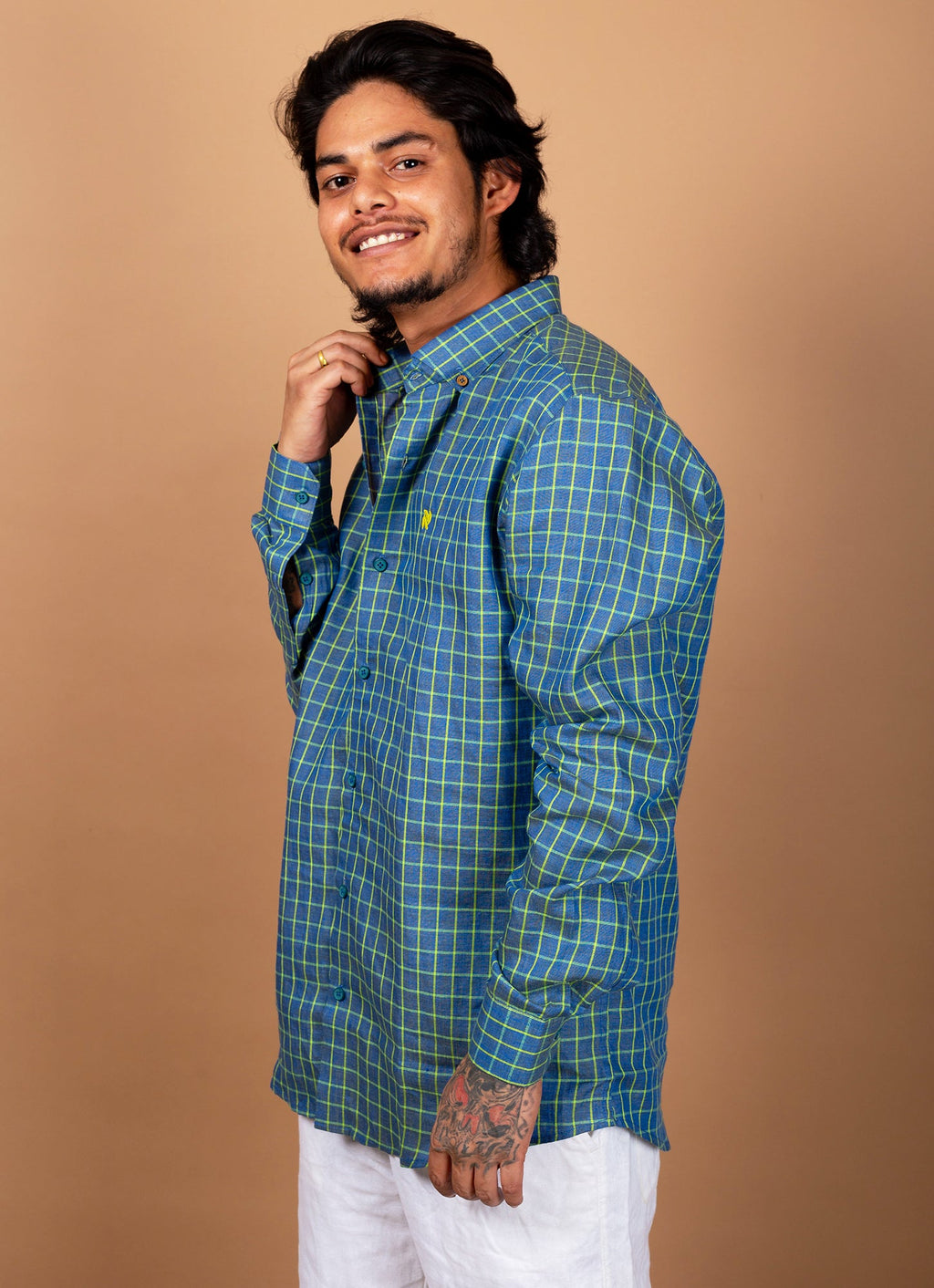 Rama Green Yellow Checkered  Pure Linen Premium Shirt