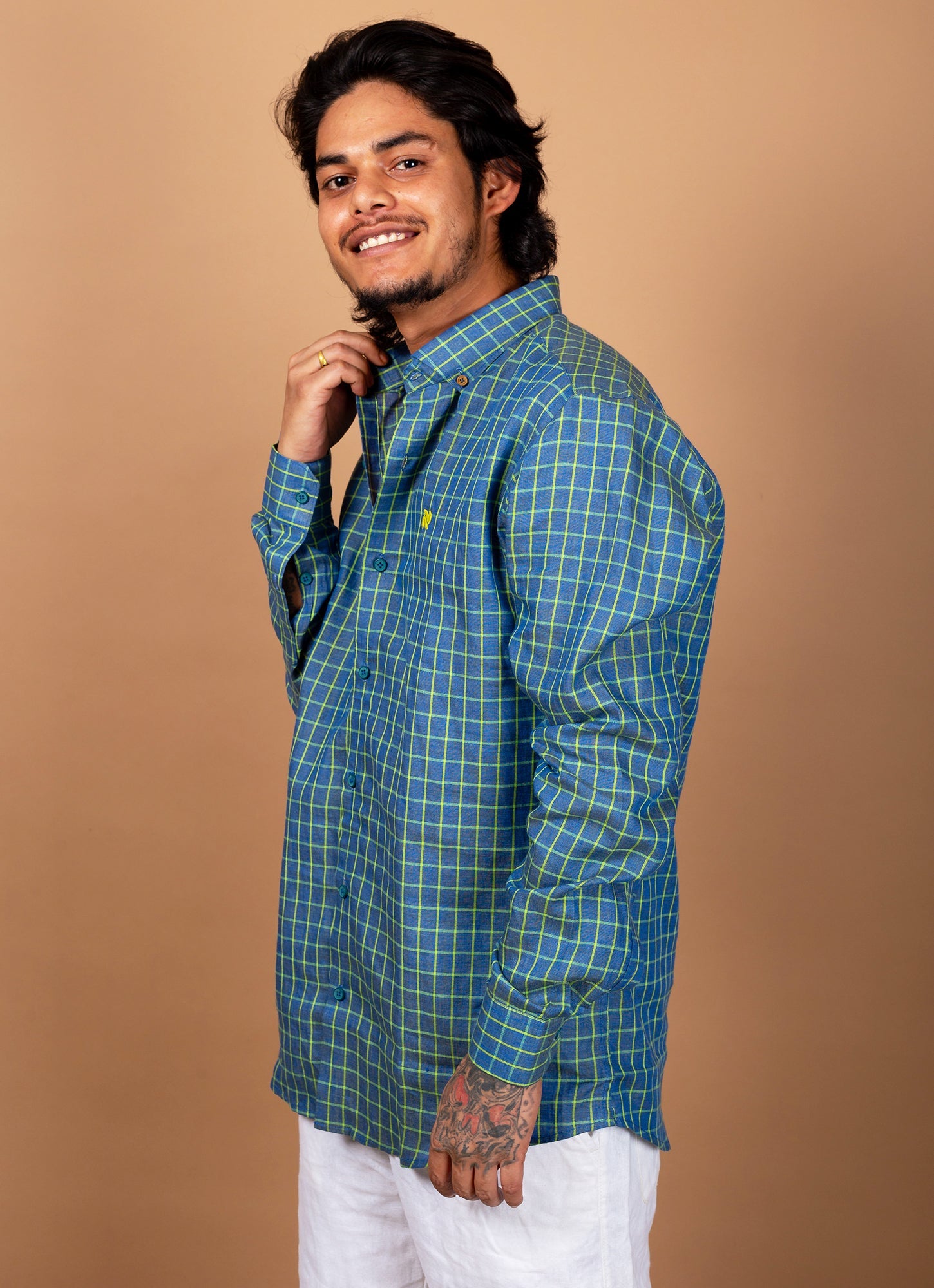 Rama Green Yellow Checkered  Pure Linen Premium Shirt