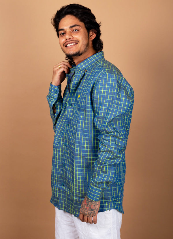Rama Green Yellow Checkered  Pure Linen Premium Shirt