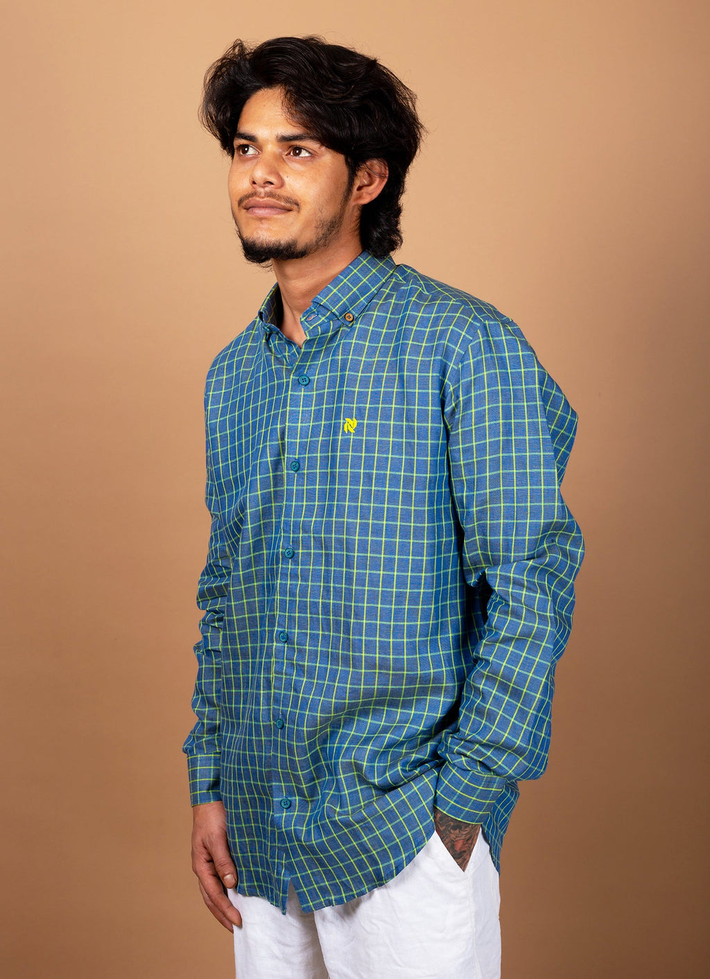 Rama Green Yellow Checkered  Pure Linen Premium Shirt