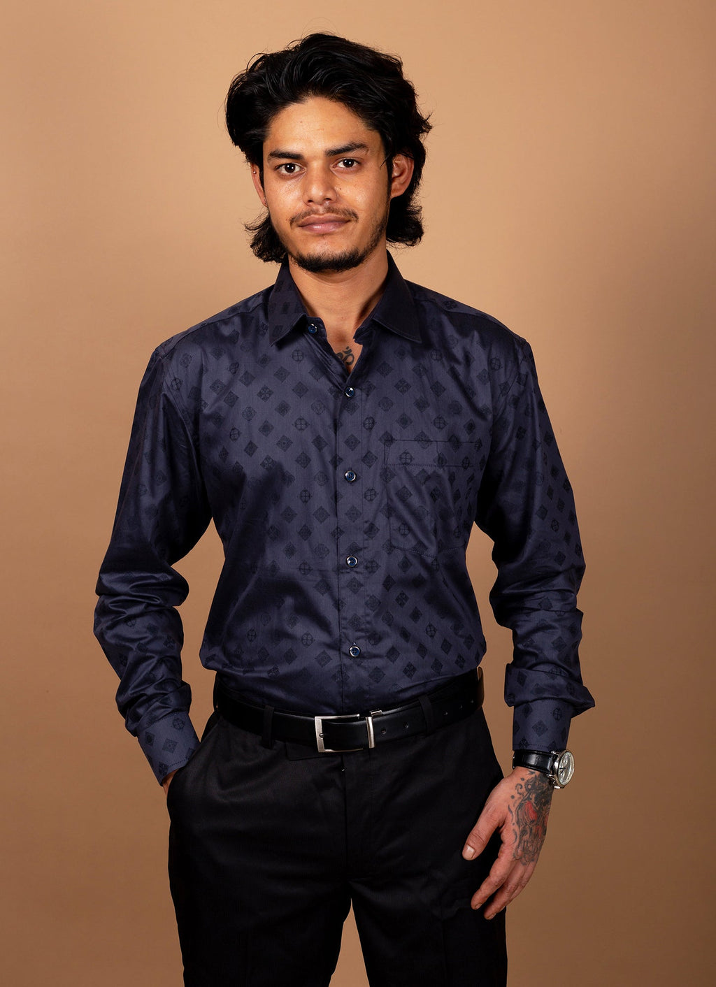 Winter Black Printed Textured Organic Cotton Premium Shirt