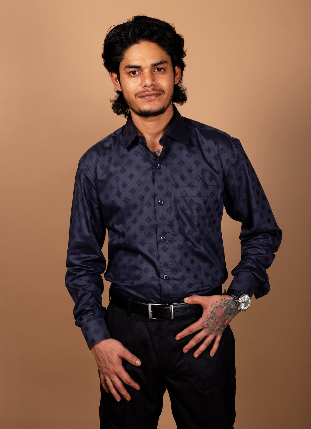 Winter Black Printed Textured Organic Cotton Premium Shirt