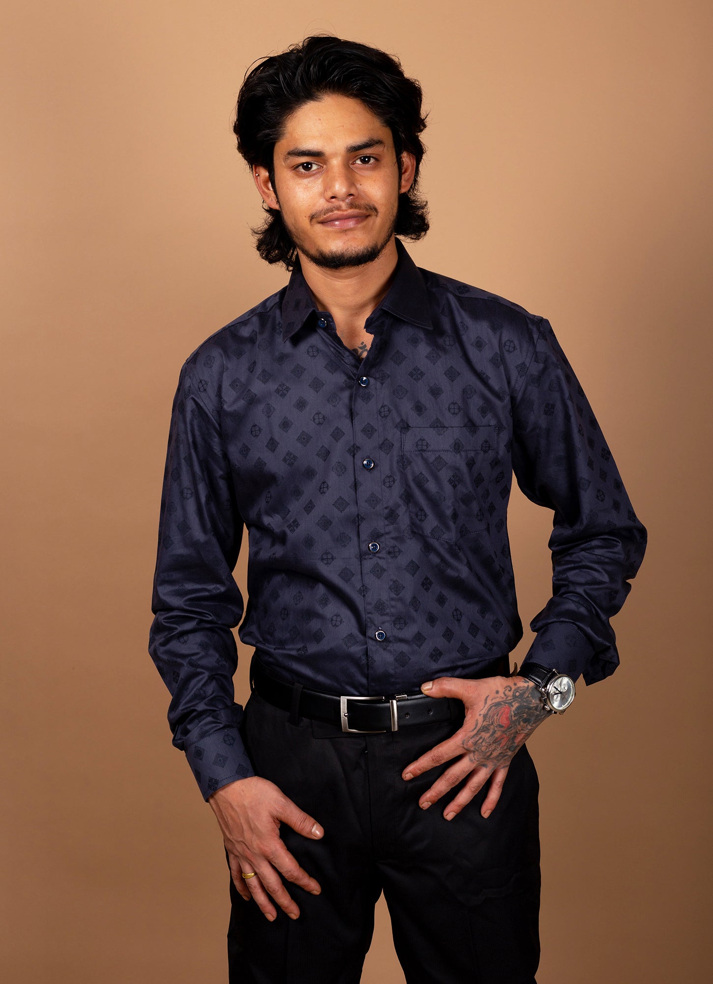 Winter Black Printed Textured Organic Cotton Premium Shirt