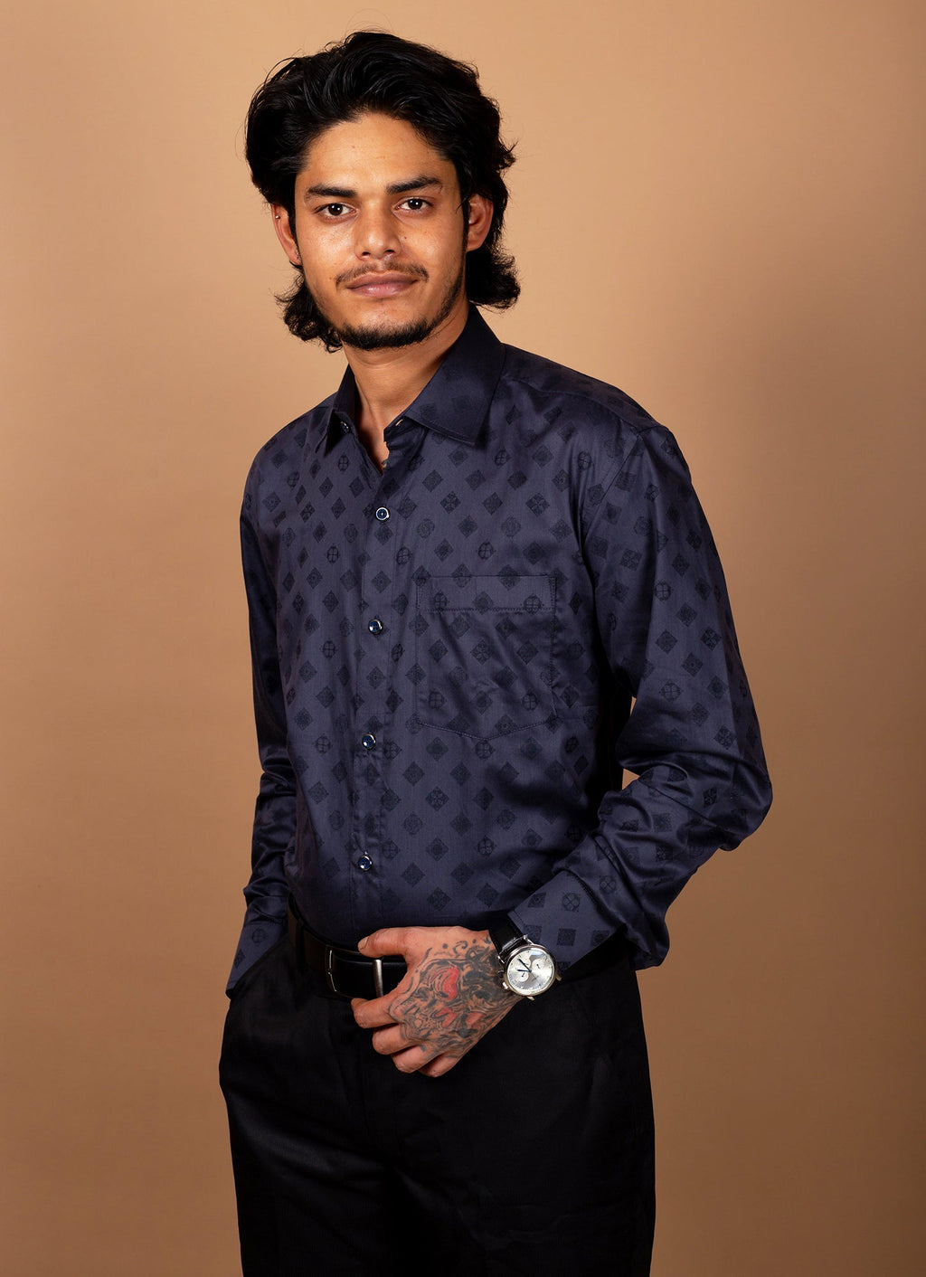 Winter Black Printed Textured Organic Cotton Premium Shirt